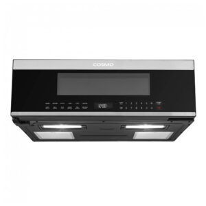 Forno micro-ondas slim sobre fogão Cosmo preto e inox 34L 1000W 11 níveis de potência exaustão 400 m³/h sensor de cozimento 110V