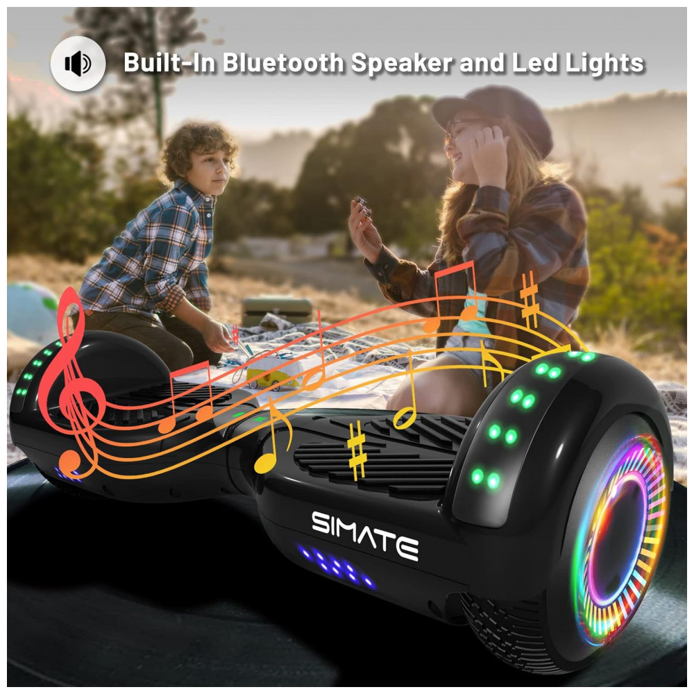 Hoverboard SIMATE Preto 6,5" com Bluetooth, Luzes LED e Certificação UL2272 – Até 12,8 km/h, Autonomia de 12,8 km - Imagem 2