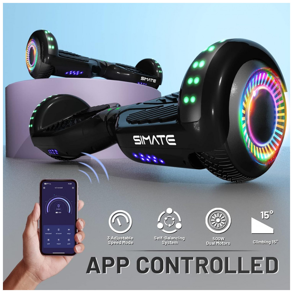 Hoverboard SIMATE Preto 6,5" com Bluetooth, Luzes LED e Certificação UL2272 – Até 12,8 km/h, Autonomia de 12,8 km - Imagem 3