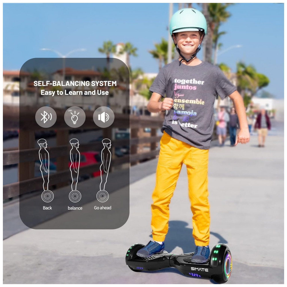 Hoverboard SIMATE Preto 6,5" com Bluetooth, Luzes LED e Certificação UL2272 – Até 12,8 km/h, Autonomia de 12,8 km - Imagem 4