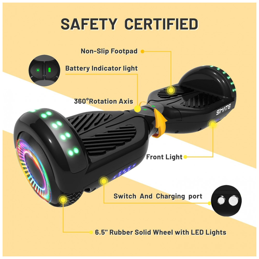 Hoverboard SIMATE Preto 6,5" com Bluetooth, Luzes LED e Certificação UL2272 – Até 12,8 km/h, Autonomia de 12,8 km - Imagem 5