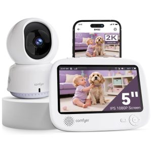 Vigilância Infantil Inteligente Comfyer com WiFi Tela Dividida de 127 cm Câmera 2K Controle por App Alertas de Movimento Visão Noturna HD Bateria