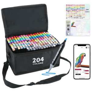 Conjunto de Canetas Artisticas 204 Cores à Base de Álcool para Artistas com Aplicativo Gratuito Brled