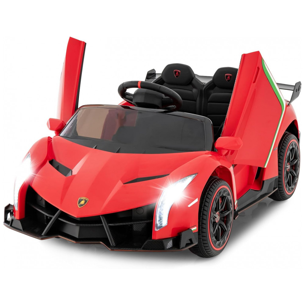 Carro Elétrico Infantil Licenciado 2 Lugares Lamborghini Veneno OLAKIDS Vermelho 12V 4WD Suspensão Controle Remoto Música USB MP3