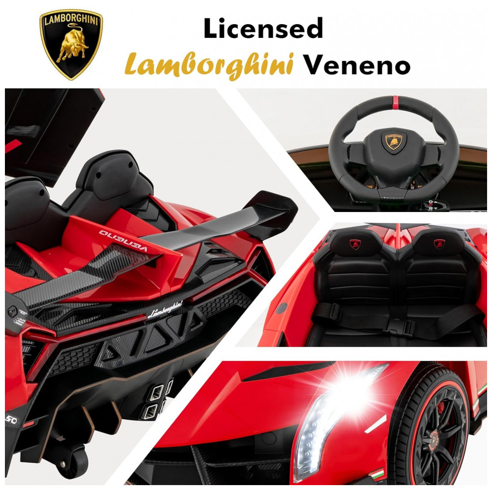 Carro Elétrico Infantil Licenciado 2 Lugares Lamborghini Veneno OLAKIDS Vermelho 12V 4WD Suspensão Controle Remoto Música USB MP3 - Imagem 3