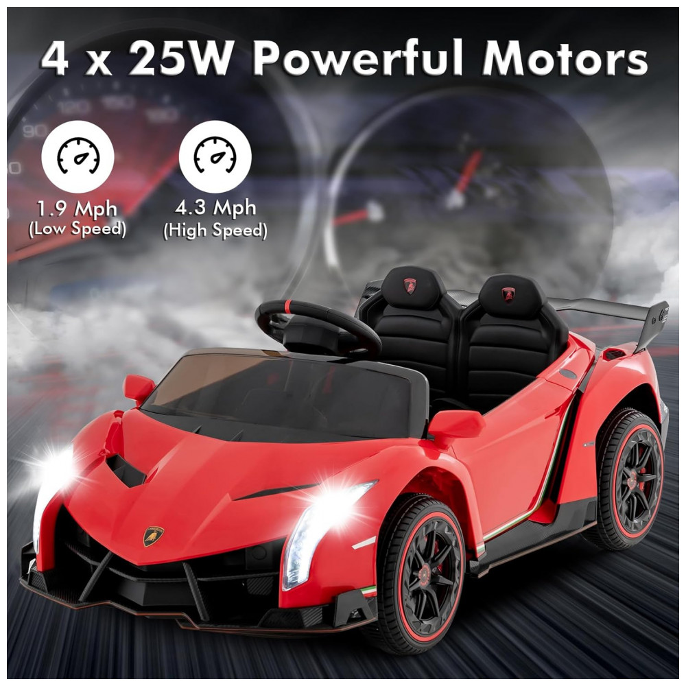 Carro Elétrico Infantil Licenciado 2 Lugares Lamborghini Veneno OLAKIDS Vermelho 12V 4WD Suspensão Controle Remoto Música USB MP3 - Imagem 4