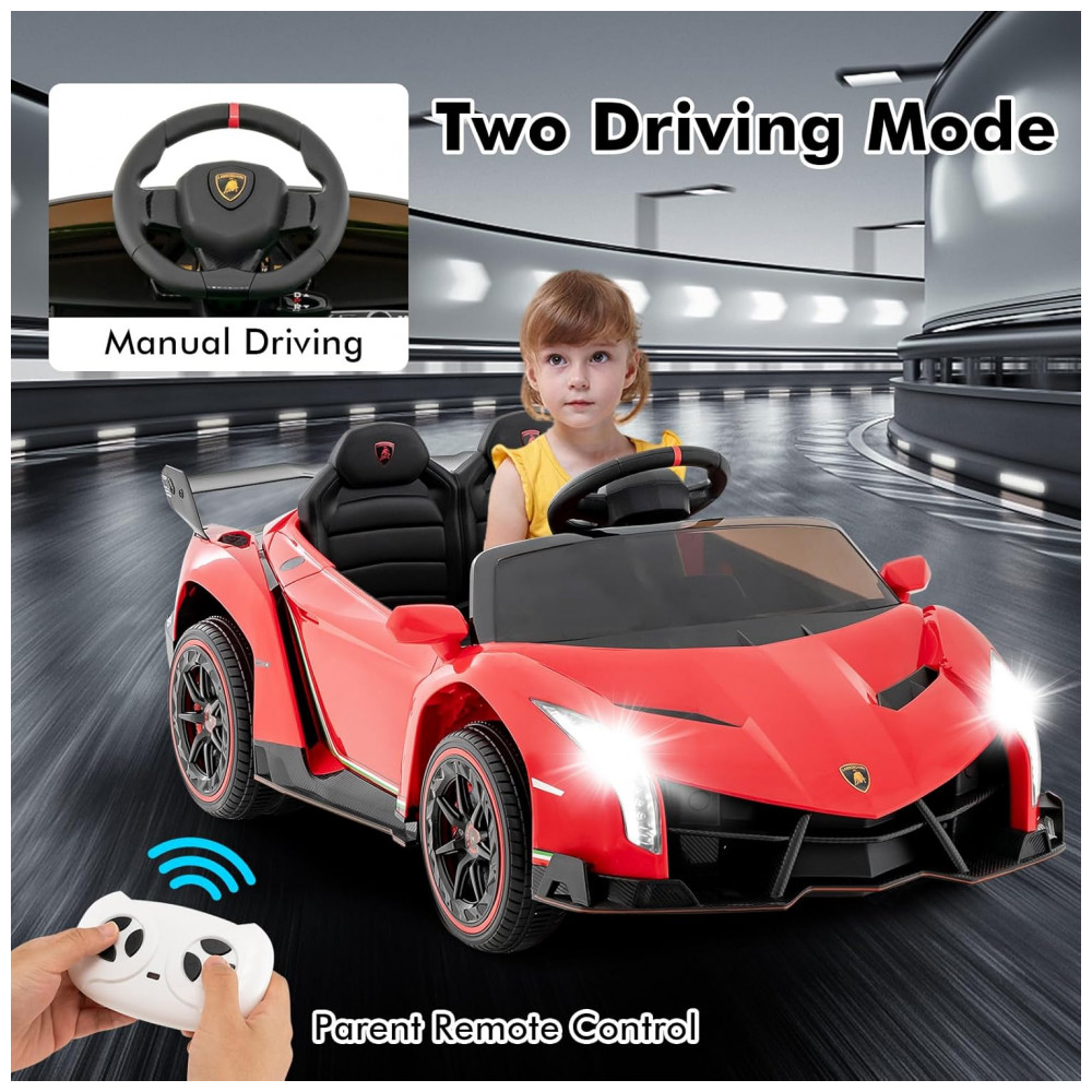 Carro Elétrico Infantil Licenciado 2 Lugares Lamborghini Veneno OLAKIDS Vermelho 12V 4WD Suspensão Controle Remoto Música USB MP3 - Imagem 6