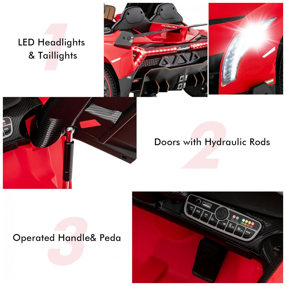 Carro Elétrico Infantil Licenciado 2 Lugares Lamborghini Veneno OLAKIDS Vermelho 12V 4WD Suspensão Controle Remoto Música USB MP3 - Imagem 9