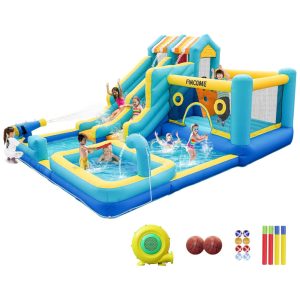 Parque Aquático Inflável 10 em 1 com Escorregador Duplo Piscina Parede de Escalada Tobogã Arma d'Água e Cesta de Basquete para Diversão Interna