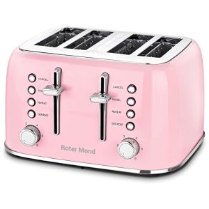 Torradeira Elétrica Retrô 4 Fatias em Aço Inoxidável com Painel de Controle Duplo Independente Bandeja de Migalhas Removível e 6 Níveis de Tostagem 1550W Roter Mond Rosa