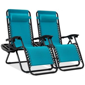 Conjunto de 2 Cadeiras Reclináveis de Gravidade Zero em Malha de Aço Ajustável com Almofadas e Bandejas de Suporte para Copos Best Choice Products