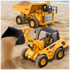 Conjunto de Brinquedos de Construção Ruko 1560 Caminhão Basculante e Pá Carregadeira Controlados por Controle Remoto Veículos RC de 9 Canais com Luz