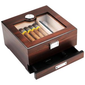 Umidor para Charutos Bald Eagle Feito à Mão em Cedro com Umidificador e Higrômetro Com Gaveta para Acessórios e Capacidade para 30-35 Charutos