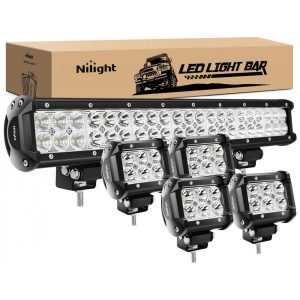 Barra LED e Faróis de Milha LED Off Road com 48800 Lúmens e Luz Branca IP68 12V 24V 126W 5Un Nilight ZH003 Preto