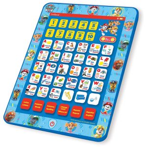 Tablet Educacional Bilíngue Inglês e Espanhol da Patrulha Canina Brinquedo para Aprender Alfabeto Letras Números Palavras Ortografia e Música LEXiBOOK Azul