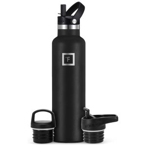 Garrafa Térmica para Água 710mL em Aço Inoxidável com 3 Tampas à Prova de Vazamento Isolada a Vácuo IRON FLASK Preta