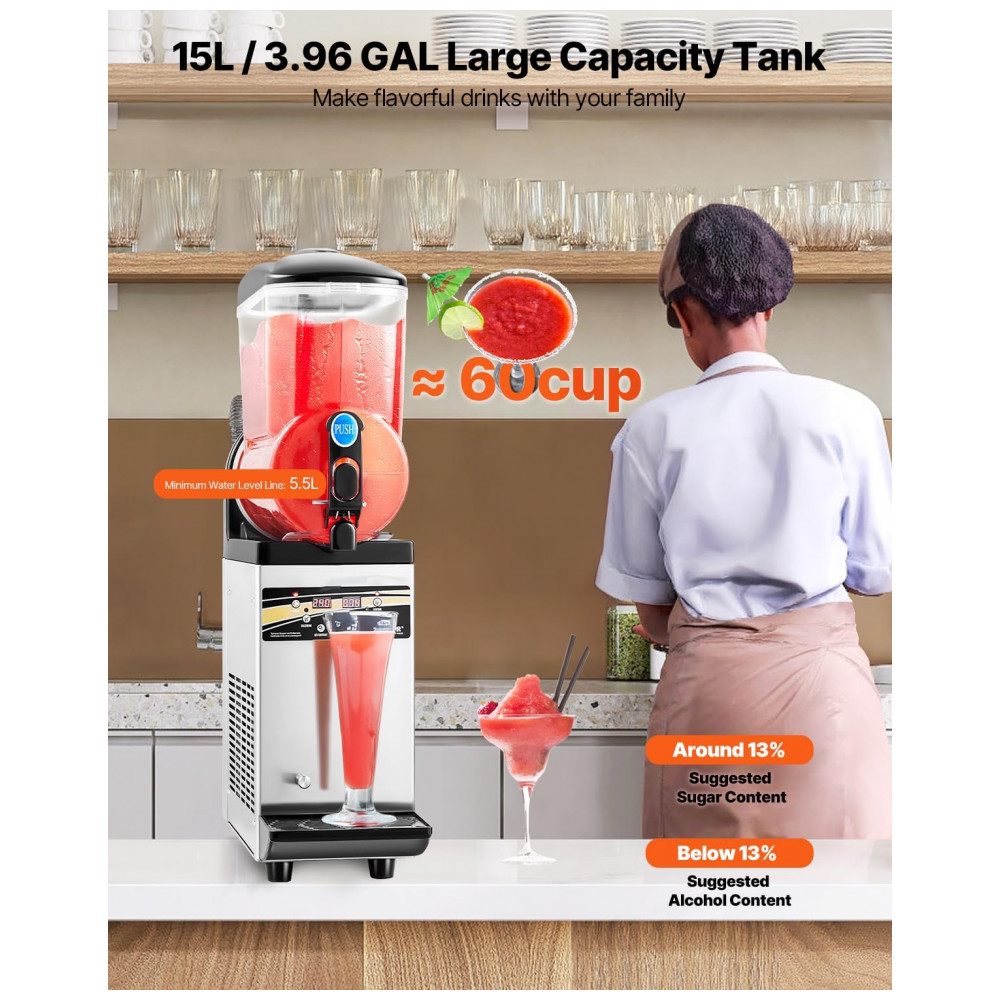 Máquina de Frozen VEVOR, Tanque Único de 15L para Uso Comercial, 60 Copos em Aço Inoxidável para Margarita, Smoothie e Bebidas Congeladas, - Imagem 2