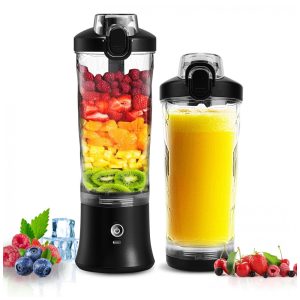 Liquidificador portátil NexaEase 600ml preto recarregável USB-C com 6 lâminas para shakes e smoothies