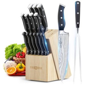 Conjunto de Facas com Bloco de Bancada Afiador Embutido e Cabo Ergonômico 16 Peças PARIS RHONE Preto