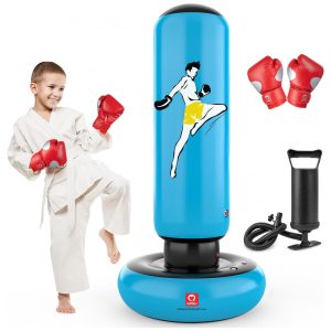 QPAU Saco de Pancadas Inflável para Crianças com Luvas 168 cm Estável e Divertido para Idade 6-12 Anos - Azul