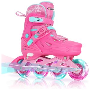 Patins Infantil Regulável com Rodas Iluminadas para Iniciantes Tam BR 30 a 34 Nattork Rosa Escuro