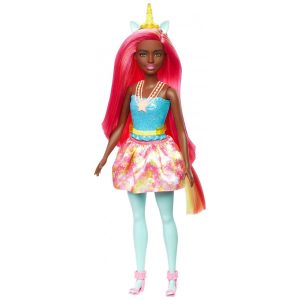 Boneca Barbie Dreamtopia Unicórnio Cabelo Amarelo Rosa com Saia Faixa de Cabeça de Cauda de Unicórnio Removível