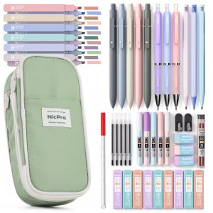 Kit escolar 50 peças Nicpro verde com estojo canetas em gel marcadores e lapiseiras
