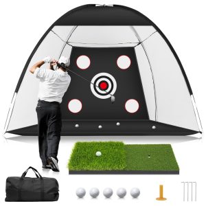 Rede de Golfe MUVPOH 3x21 metros com Tapete de Golfe DualTurf para Treino de Tacadas Alvos Múltiplos Auxílio para Homens e Amantes do Golfe