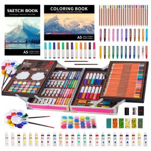Kit Lápis de Cor Profissional com Maleta de Madeira 139 peças Tintas Acrílicas Aquarela KINSPORY L137 Rosa