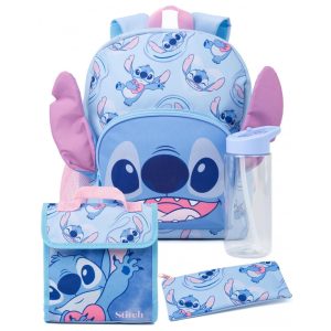 Mochila infantil oficial Disney Lilo & Stitch 4 peças com lancheira estojo e garrafa