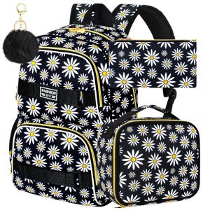 Mochila AGSDON 3PCS Daisy preta para notebook 17" com lancheira e estojo