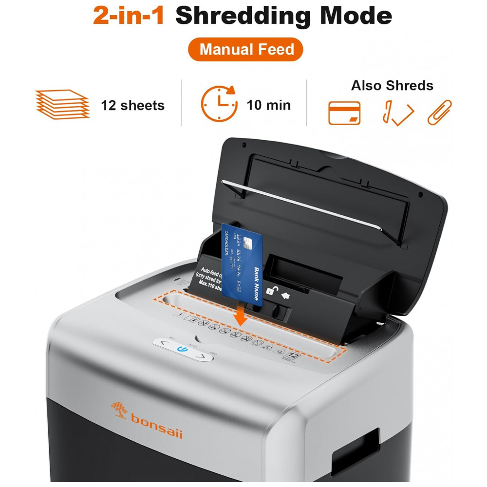 Triturador de Papel Bonsaii para Escritório 110 Folhas Autofeed para Uso Residencial Triturador de Alta Capacidade por 30 Minutos com Corte Micro - Imagem 3