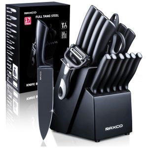 Conjunto de Facas em Aço Inoxidável com Bloco de Bancada 19 Peças RAXCO Preto