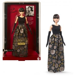 Boneca Barbie Tribute Rita Moreno Signature Mattel colecionador vestido preto e dourado luvas longas suporte exposição 2024