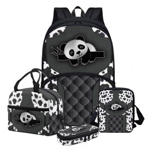Mochila escolar gearider prata com estampa de pandas 4 em 1 com lancheira bolsa tiracolo e estojo