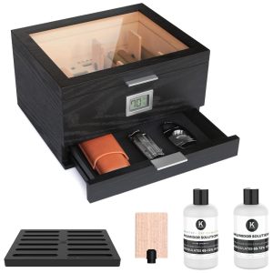 Umidor CASE ELEGANCE Glass Top com cedro espesso sistema de umidificação fácil higrômetro digital preciso - Preto