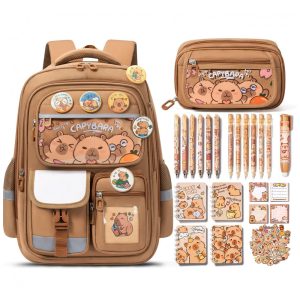 Mochila Fimibuke Capivara para Meninas com Estojo e Kit Escolar Completo 28 Peças