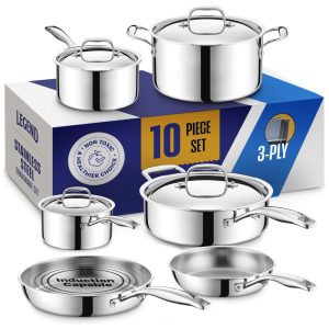 Jogo de Panelas e Frigideiras em Aço Inoxidável com 10 Peças e Utensílios de Cozinha LEGEND COOKWARE Prata