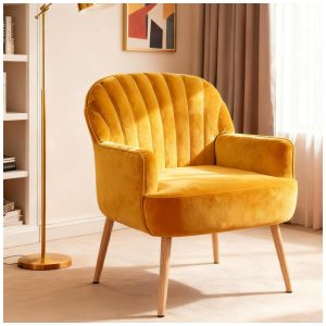 Cadeira decorativa estofada Holiway amarela em veludo pés metálicos encosto concha poltrona individual para sala e escritório modelo Accent Chair
