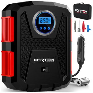 Compressor de Ar Elétrico Mini Portátil 150 PSI 12V DC 120W com desligamento automático FORTEM FRTM DAC Vermelho