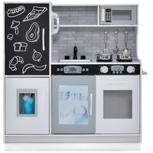Cozinha Infantil em Madeira com Quadro Negro Telefone Micro-ondas Máquina de Fazer Gelo Máquina de Lavar Louça e Forno Costzon Branca