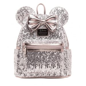 Mochila Escolar Infantil Loungefly Disney Minnie Mouse para Crianças a Partir de 6 Anos Prateada