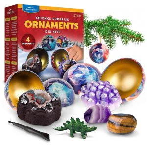 Blue Marble Science Surprise Christmas Ornament Kit para Crianças – 4 Ornamentos com Mini Kit de Escavação de Gemas e Dinossauros Brinquedos Educativos de Natal