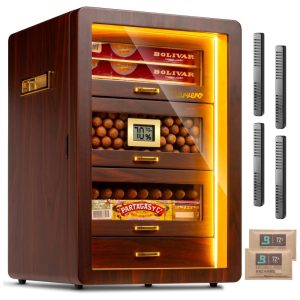 Umidor de Charutos de Mesa com 3 lados Iluminados Higrômetro Digital Umidificador e Packs de Umidade. 4 Gavetas de Cedro.Marvero