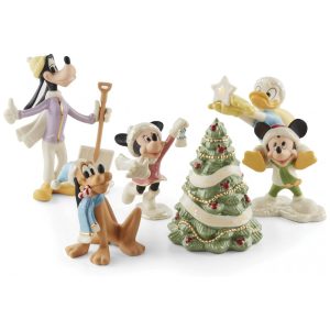 Conjunto de 5 Figuras Decorativas Lenox Disney Winter Fun em Porcelana Bege com Detalhes em Ouro 24K Altura 12 cm