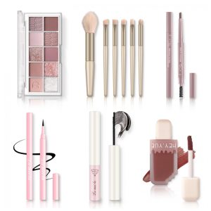 Kit Maquiagem Tudo em Um Qiong Rosa Paleta Sombras 10 Cores Máscara Impermeável Brilho Labial Pincéis 6 Peças