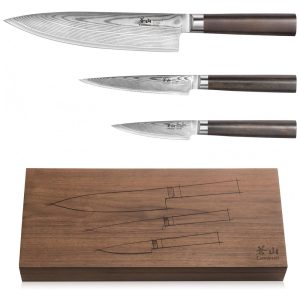 Conjunto de Facas Cangshan HAKU 501172 em Aço Damasco Forjado X 7 com Caixa de Nogueira 3 Peças Marrom