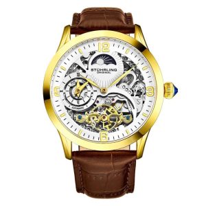 Relgio Automtico Reserva Especial 3921 Mostrador Branco Pulseira de Couro Marrom e Fivela Tang Dourada - Stuhrling