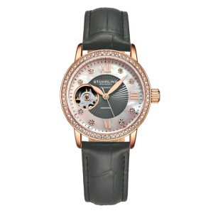 Relgio Stuhrling Legacy 3952 Automtico 34mm Mostrador Prateado com Detalhes em Rosa Pulseira de Couro Cinza e Fivela Tang em Metal.