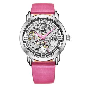 Relógio Automático Winchester 3982 40mm Mostrador Prateado Pulseira de Couro Rosa Fivela Tang Prata Stuhrling